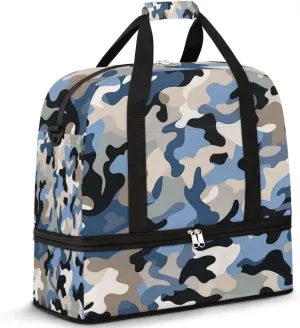 Blue Grey Black Camouflage Travel Duffel Bag for Women Men, Camo Print Sports Gym Bag with Shoes Compartment Foldable Overnight Bag Weekender Tote Workout Carry On Luggage Bag