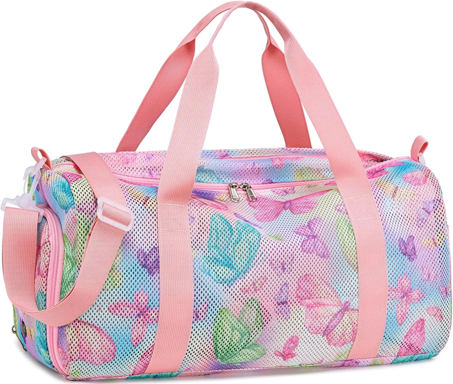 CAMTOP Mesh Travel Duffle Bag for Kid Small Overnight Weekender Sleepover Bags Carry On Dance Sport Bag with Shoe & Wet Compartment for Swim Beach Camp Travel, Butterfly Pink, Duffle Bag With Shoe