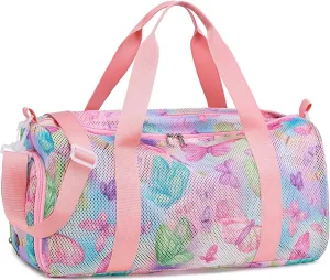 CAMTOP Mesh Travel Duffle Bag for Kid Small Overnight Weekender Sleepover Bags Carry On Dance Sport Bag with Shoe & Wet Compartment for Swim Beach Camp Travel, Butterfly Pink, Duffle Bag With Shoe