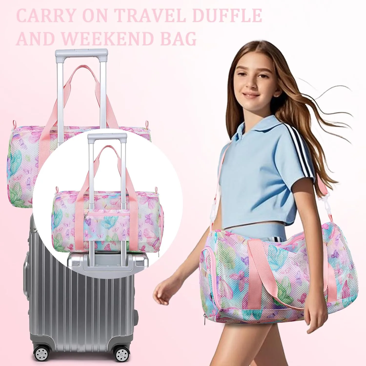 CAMTOP Mesh Travel Duffle Bag for Kid Small Overnight Weekender Sleepover Bags Carry On Dance Sport Bag with Shoe & Wet Compartment for Swim Beach Camp Travel, Butterfly Pink, Duffle Bag With Shoe