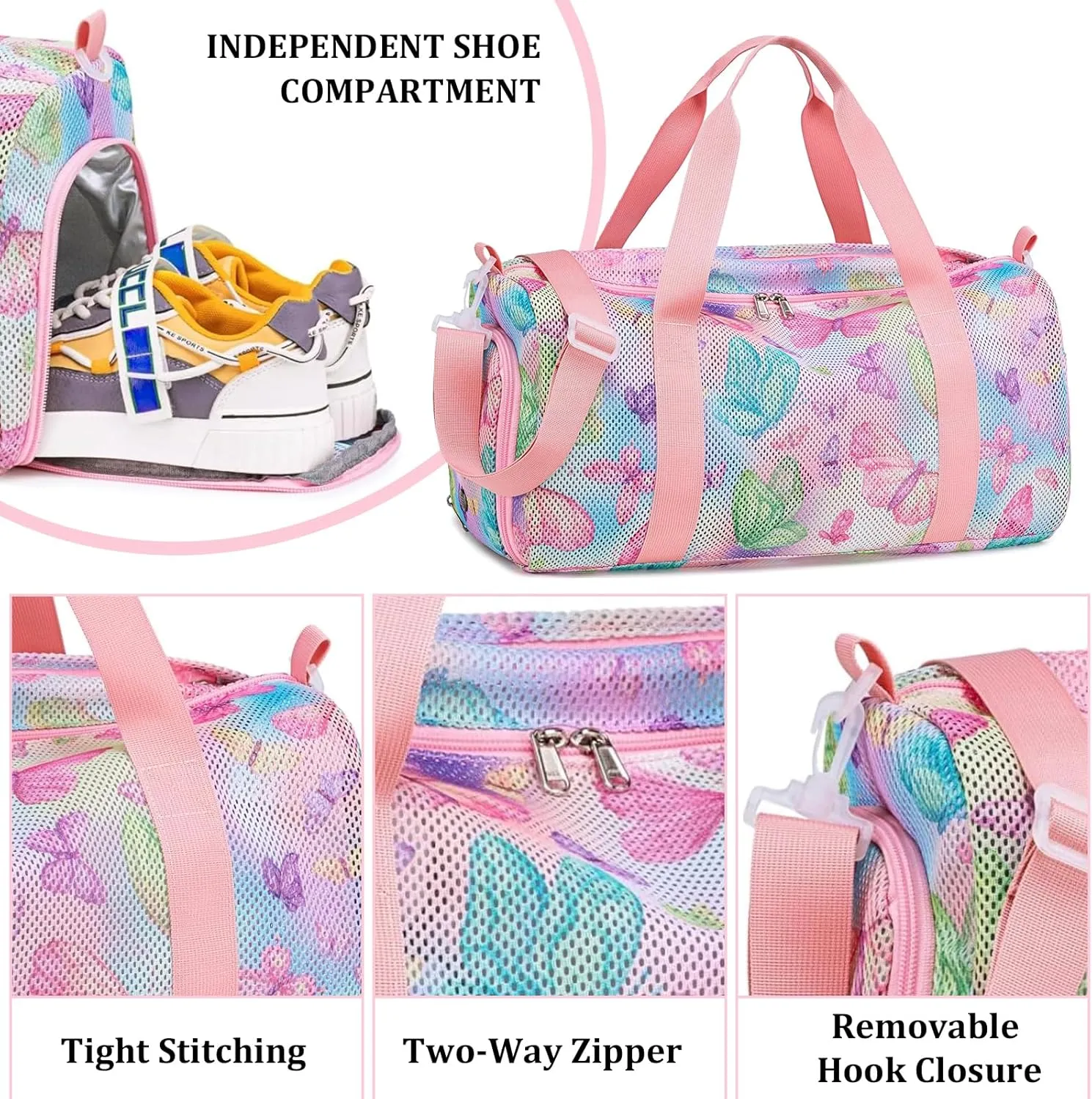CAMTOP Mesh Travel Duffle Bag for Kid Small Overnight Weekender Sleepover Bags Carry On Dance Sport Bag with Shoe & Wet Compartment for Swim Beach Camp Travel, Butterfly Pink, Duffle Bag With Shoe