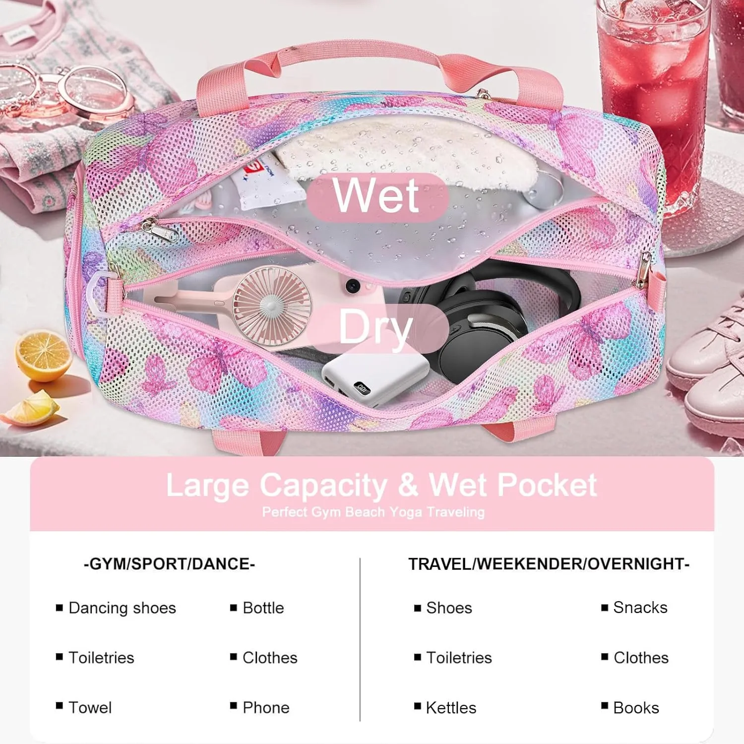 CAMTOP Mesh Travel Duffle Bag for Kid Small Overnight Weekender Sleepover Bags Carry On Dance Sport Bag with Shoe & Wet Compartment for Swim Beach Camp Travel, Butterfly Pink, Duffle Bag With Shoe