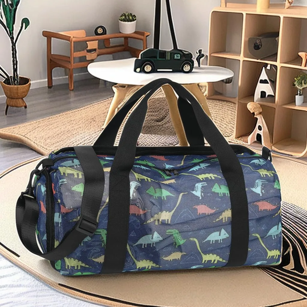 CAMTOP Mesh Travel Duffle Bag for Kid Small Overnight Weekender Sleepover Bags Carry On Dance Sport Bag with Shoe & Wet Compartment for Swim Beach Camp Travel, Navy Dinosaur, Duffle Bag With Shoe