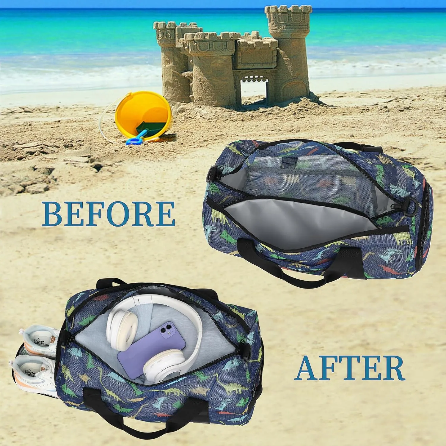 CAMTOP Mesh Travel Duffle Bag for Kid Small Overnight Weekender Sleepover Bags Carry On Dance Sport Bag with Shoe & Wet Compartment for Swim Beach Camp Travel, Navy Dinosaur, Duffle Bag With Shoe