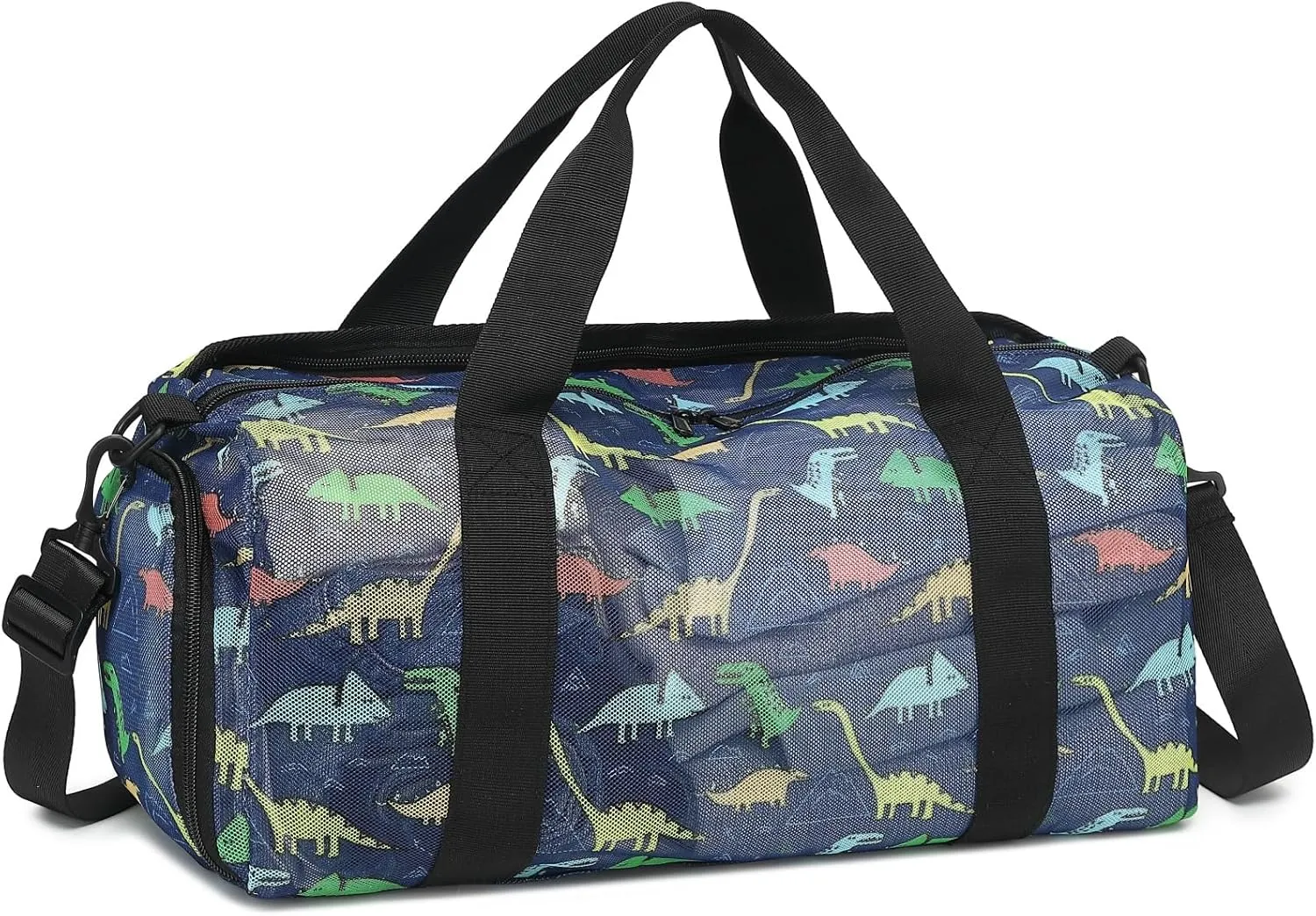 CAMTOP Mesh Travel Duffle Bag for Kid Small Overnight Weekender Sleepover Bags Carry On Dance Sport Bag with Shoe & Wet Compartment for Swim Beach Camp Travel, Navy Dinosaur, Duffle Bag With Shoe