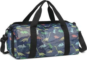 CAMTOP Mesh Travel Duffle Bag for Kid Small Overnight Weekender Sleepover Bags Carry On Dance Sport Bag with Shoe & Wet Compartment for Swim Beach Camp Travel, Navy Dinosaur, Duffle Bag With Shoe