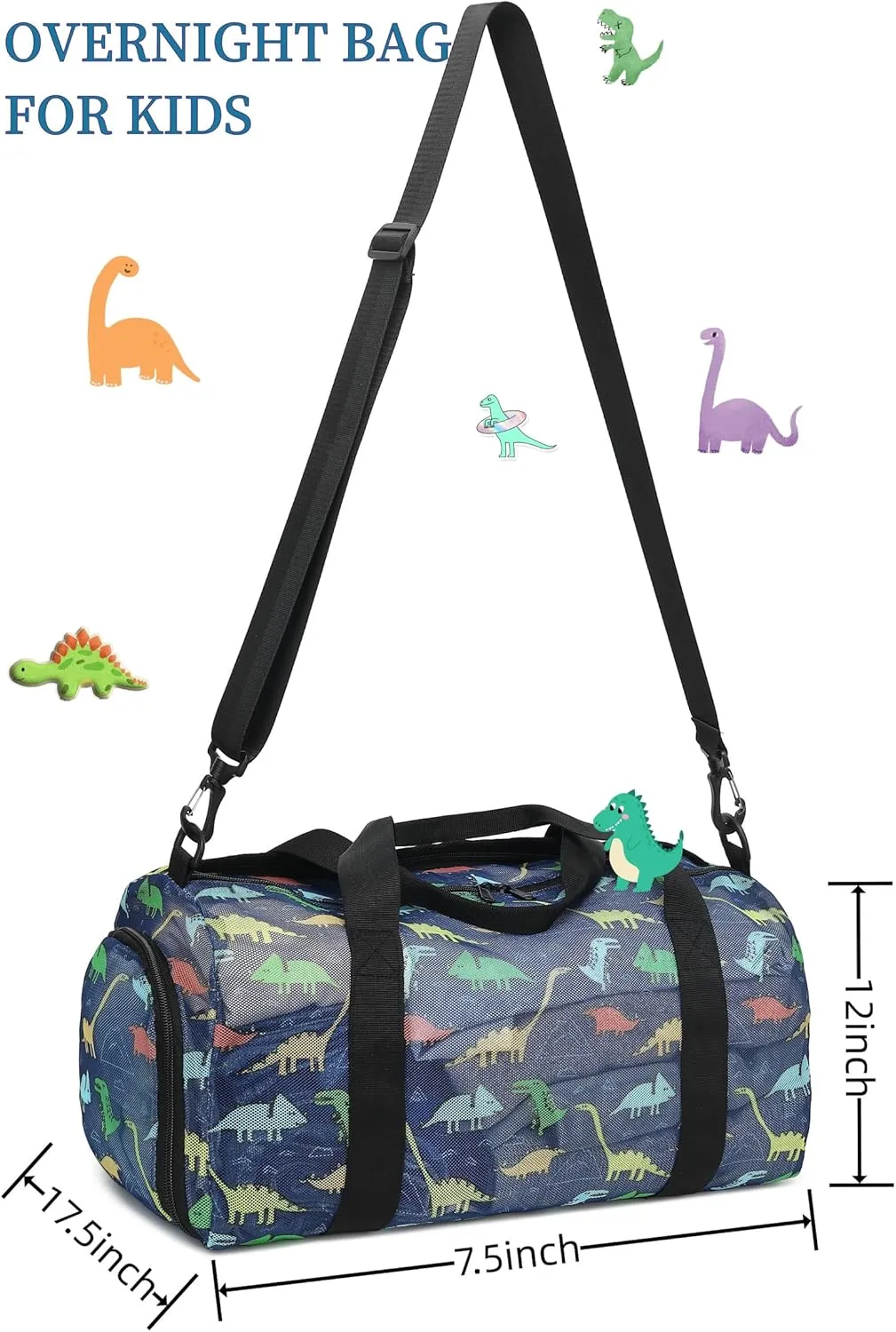 CAMTOP Mesh Travel Duffle Bag for Kid Small Overnight Weekender Sleepover Bags Carry On Dance Sport Bag with Shoe & Wet Compartment for Swim Beach Camp Travel, Navy Dinosaur, Duffle Bag With Shoe
