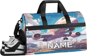 Cartoon Airplane Print Sports Gym Bag with Wet Pocket & Shoes Compartment Travel Duffel Bag for Women Men Custom Sports Gym Bag Personalized Overnight Stay Weekend Tote Beach Luggage