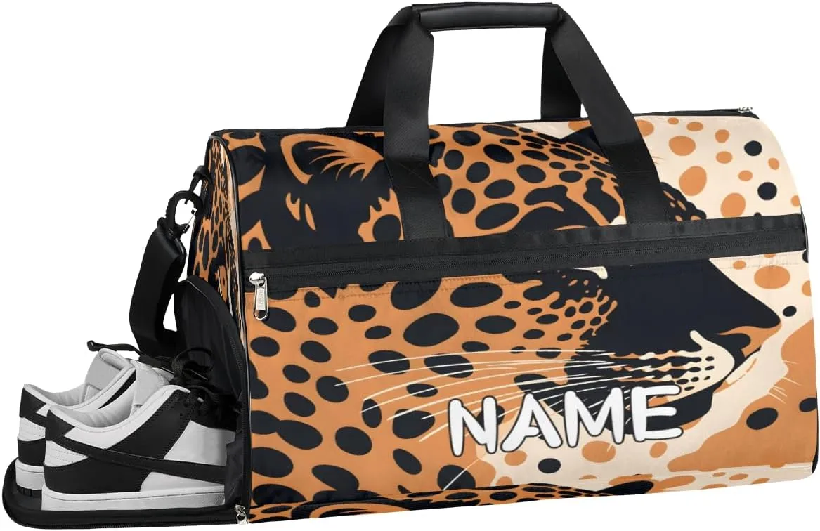 Cartoon Leopard Animal Sports Gym Bag with Wet Pocket & Shoes Compartment Travel Duffel Bag for Women Men Custom Sports Gym Bag Personalized Overnight Stay Weekend Tote Beach Luggage
