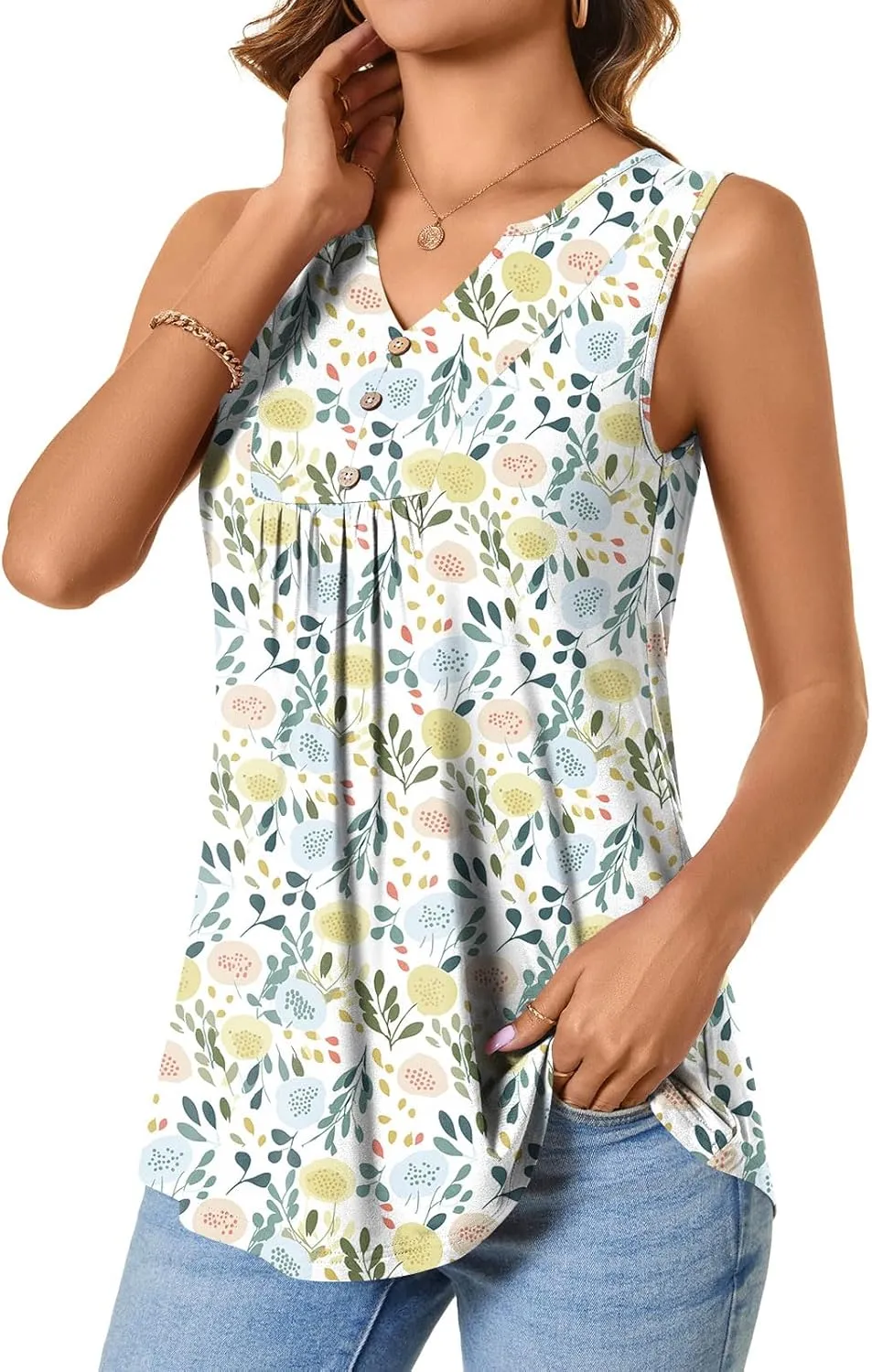 CATHY Womens Summer Sleeveless Tank Top V Neck Button Blouse Casual Pleated Basic Henley Shirts