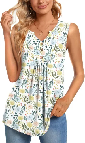 CATHY Womens Summer Sleeveless Tank Top V Neck Button Blouse Casual Pleated Basic Henley Shirts