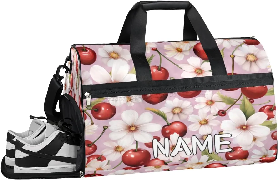 Cherry Flower Fruit Print Sports Gym Bag with Wet Pocket & Shoes Compartment Travel Duffel Bag for Women Men Custom Sports Gym Bag Personalized Overnight Stay Weekend Tote Beach Luggage