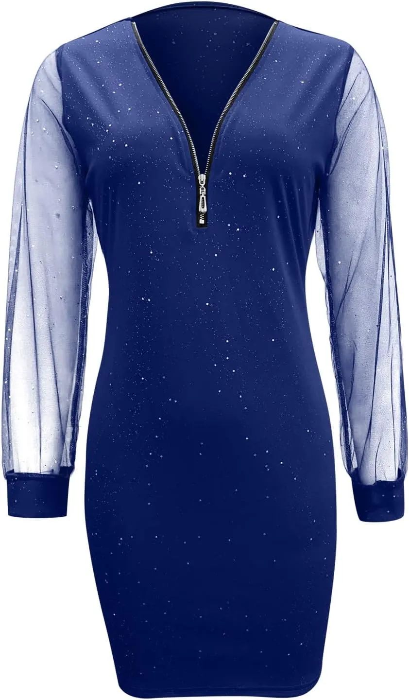 Cocktail Dresses for Women,2024 Summer Elegant Sexy Bodycon V Neck Club Party Dress,Trendy Mesh Long Sleeve Mini Dress
