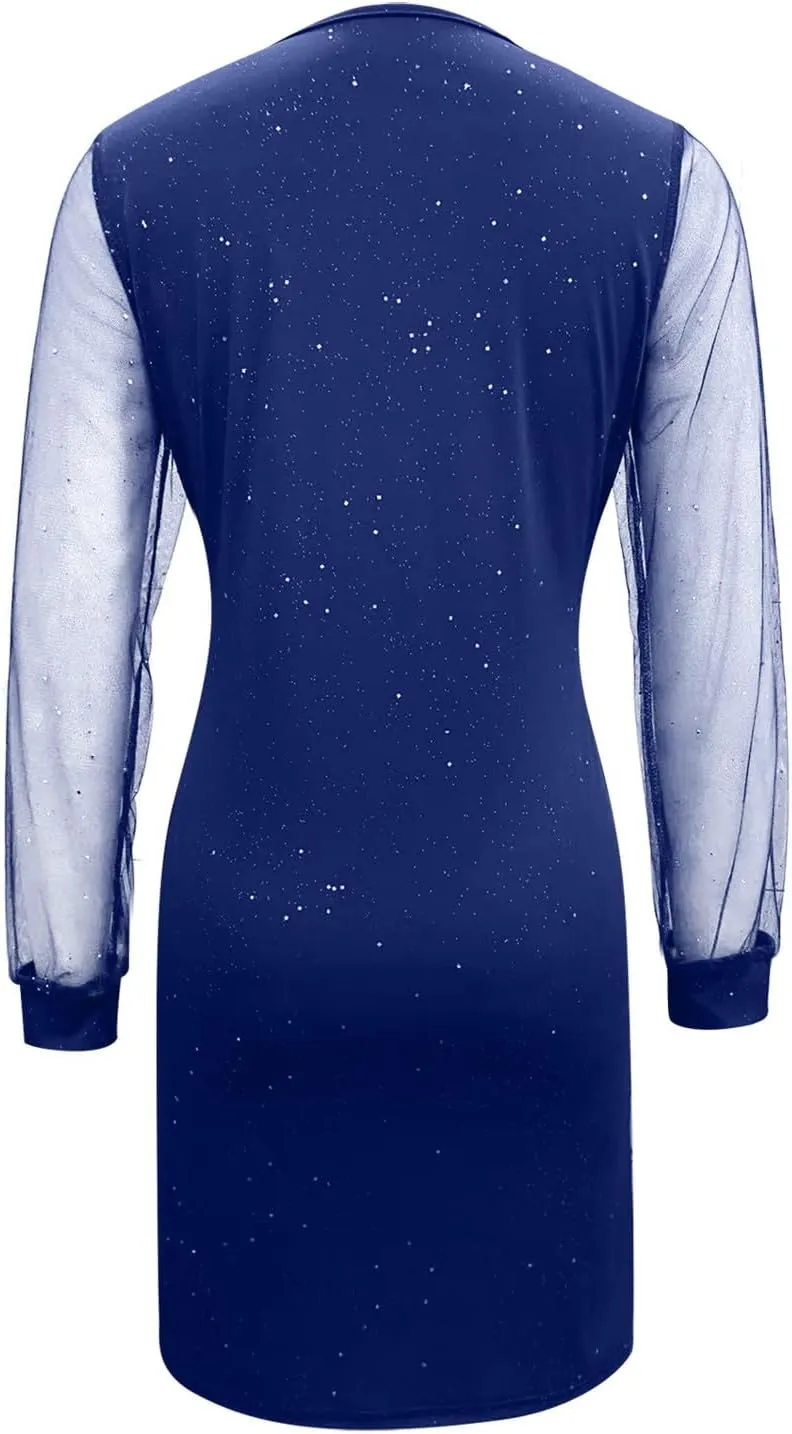 Cocktail Dresses for Women,2024 Summer Elegant Sexy Bodycon V Neck Club Party Dress,Trendy Mesh Long Sleeve Mini Dress