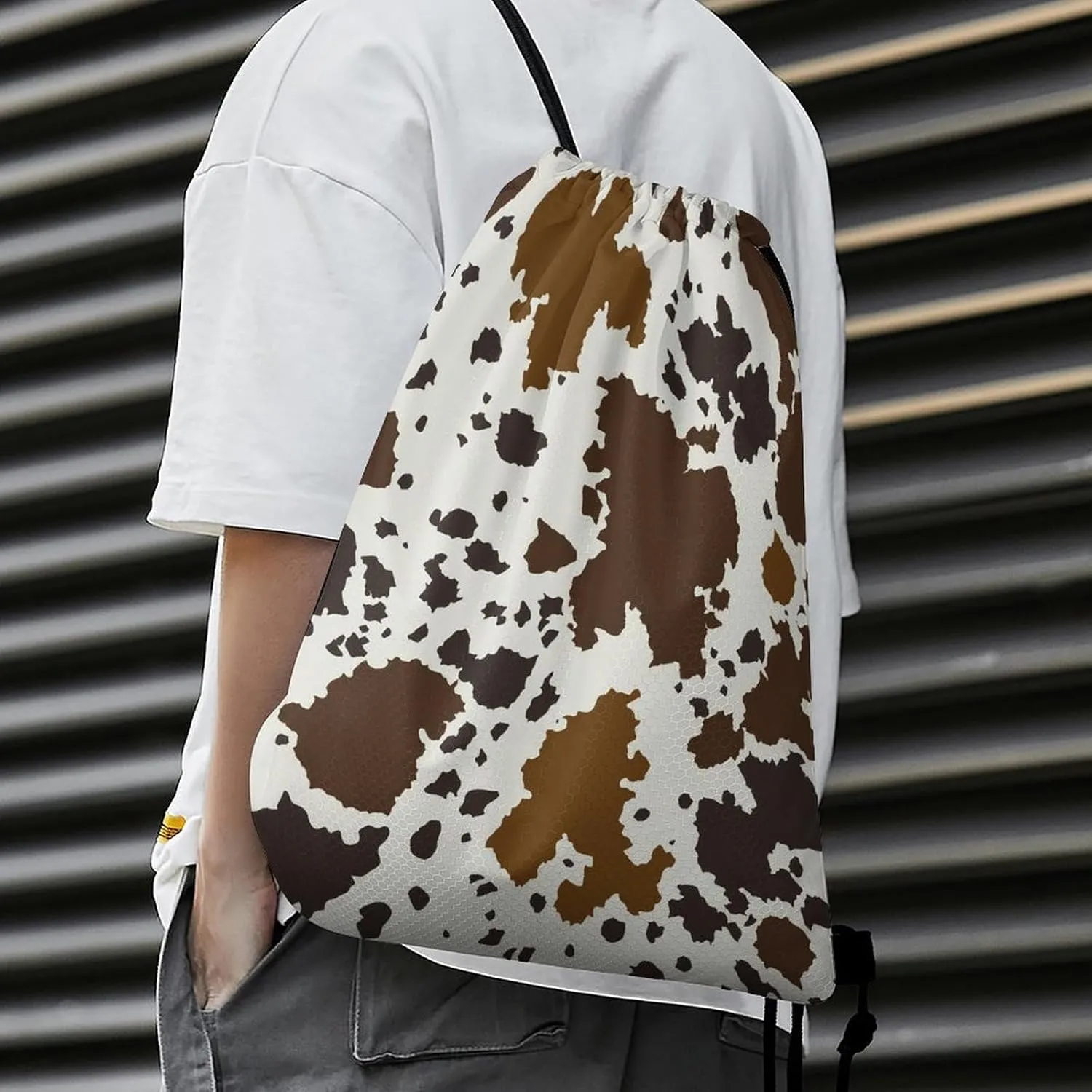 College Lightweight Bag, Large and Soft Drawstring Shoulder Backpack Compatible with Brown Skin Milk Cow Print, Reusable Storage Bag for Book Shoes Drink, Sports Gym Training Cinch Bag