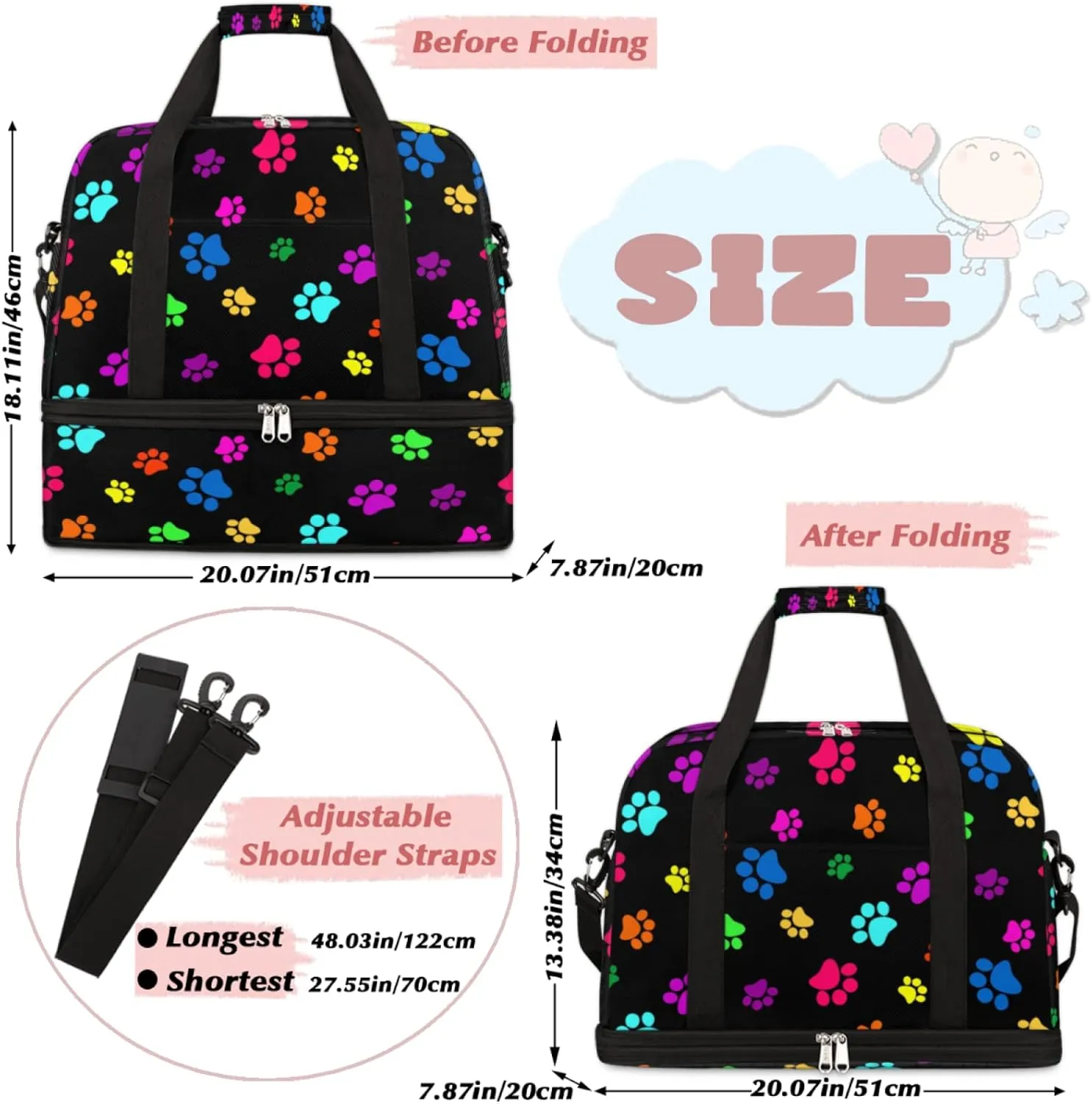 Colorful Dog Paw Print Foldable Travel Duffel Bag Tote, Dog Cat Paw Print Lightweight Luggage Sports Gym Bag with Shoes Compartment Weekender Overnight Bag for Women & Men