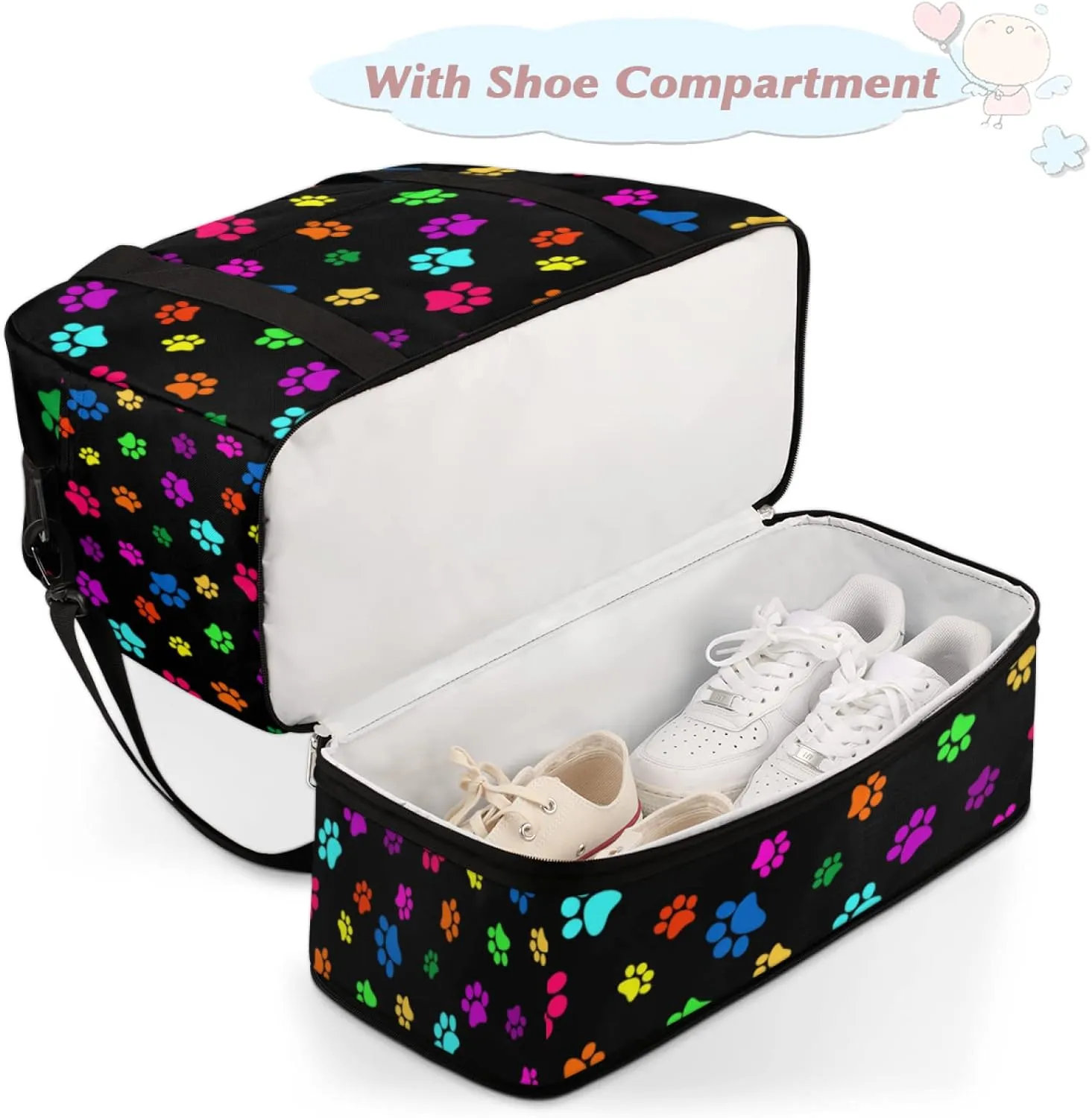 Colorful Dog Paw Print Foldable Travel Duffel Bag Tote, Dog Cat Paw Print Lightweight Luggage Sports Gym Bag with Shoes Compartment Weekender Overnight Bag for Women & Men