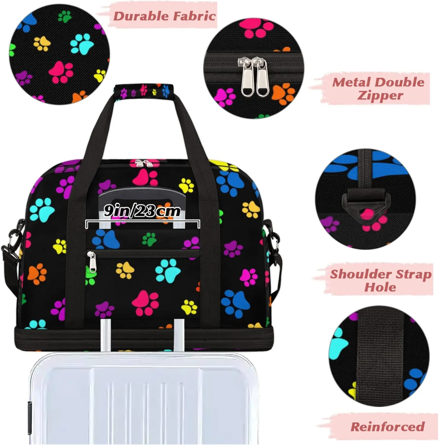 Colorful Dog Paw Print Foldable Travel Duffel Bag Tote, Dog Cat Paw Print Lightweight Luggage Sports Gym Bag with Shoes Compartment Weekender Overnight Bag for Women & Men