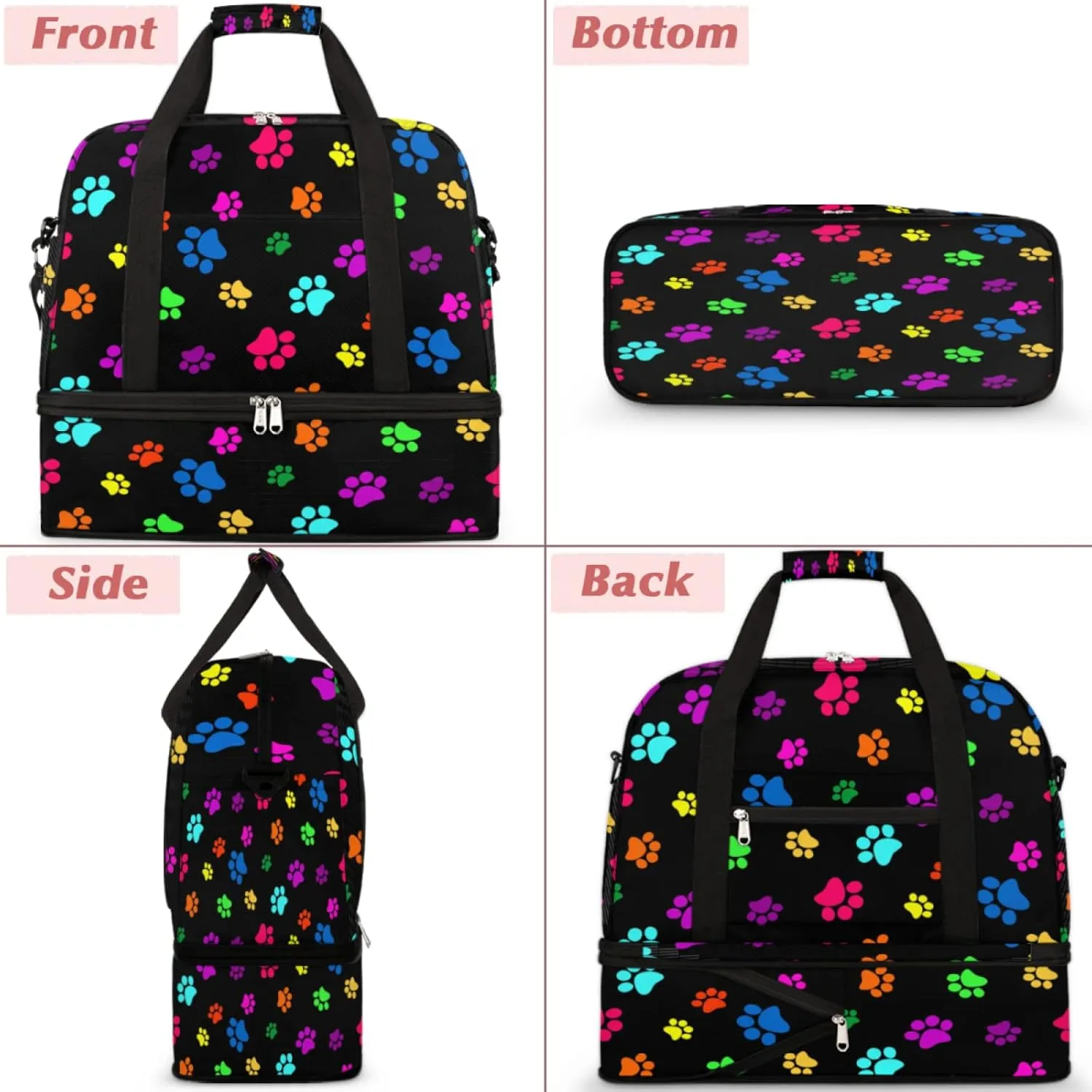 Colorful Dog Paw Print Foldable Travel Duffel Bag Tote, Dog Cat Paw Print Lightweight Luggage Sports Gym Bag with Shoes Compartment Weekender Overnight Bag for Women & Men