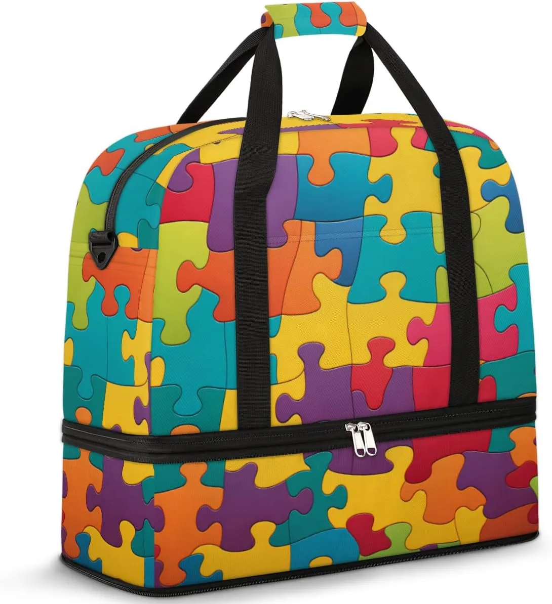 Colorful Jigsaw Puzzles Pattern Travel Duffel Bag for Women Men, Abstract Painted Sports Gym Bag with Shoes Compartment Foldable Overnight Bag Weekender Tote Workout Carry On Luggage Bag