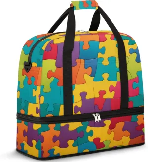 Colorful Jigsaw Puzzles Pattern Travel Duffel Bag for Women Men, Abstract Painted Sports Gym Bag with Shoes Compartment Foldable Overnight Bag Weekender Tote Workout Carry On Luggage Bag