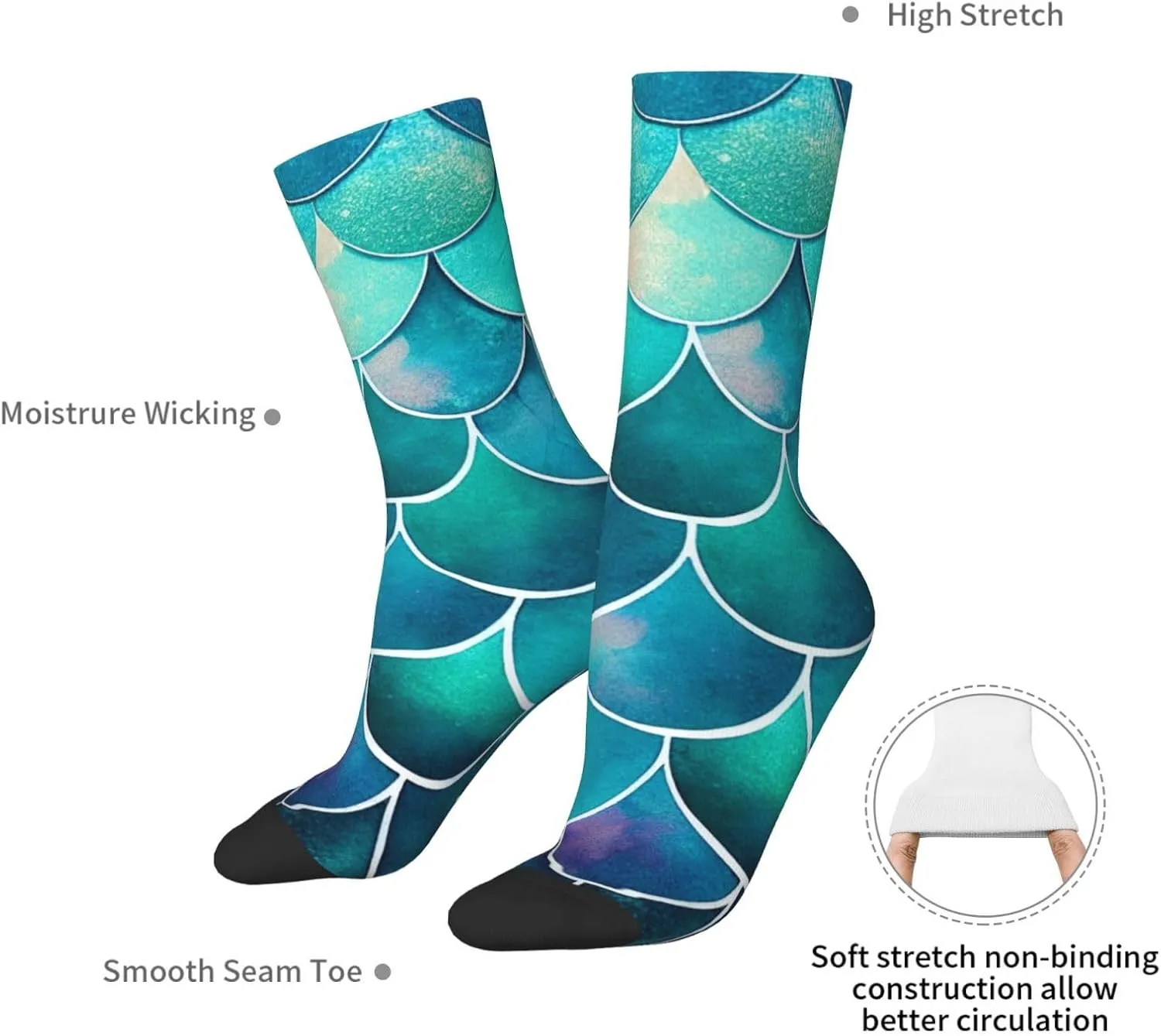 Colorful Mermaid Scales Crew Socks Unisex Mid Calf Hiking Running Athletic Socks Colorful Print Socks