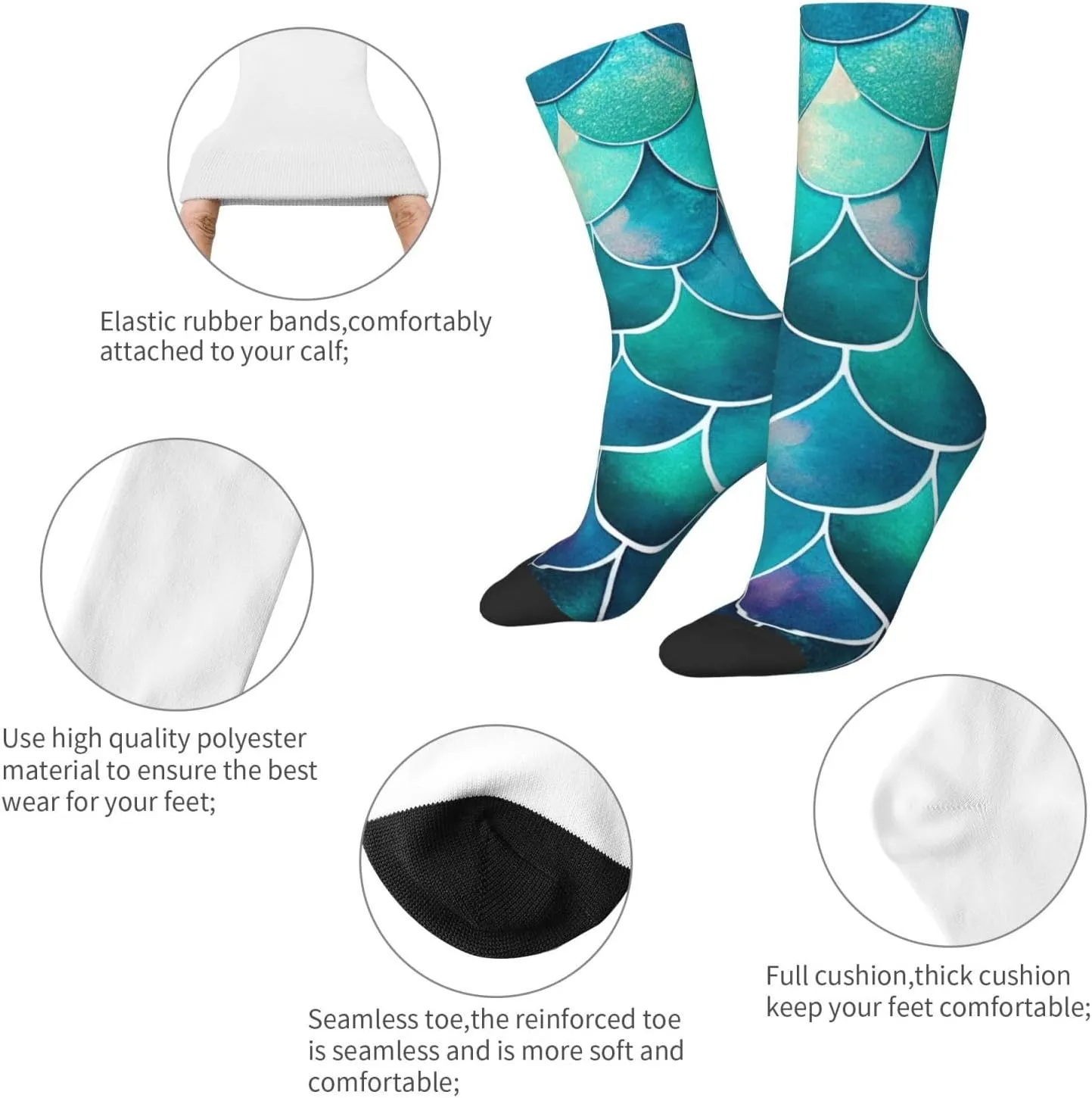 Colorful Mermaid Scales Crew Socks Unisex Mid Calf Hiking Running Athletic Socks Colorful Print Socks