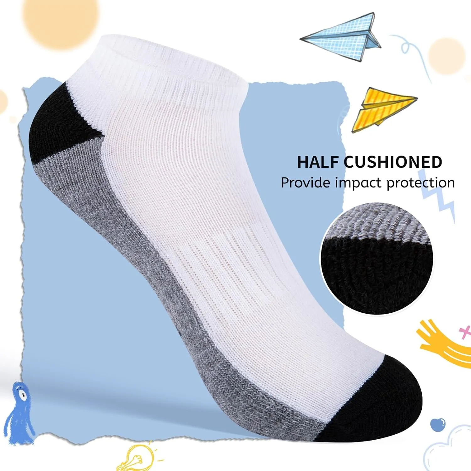 Comfoex Boys Ankle Athletic Low Cut Socks - 8 Pairs for 6-8, 4-6, 8-10 Years Old - Half Cushioned Short Socks