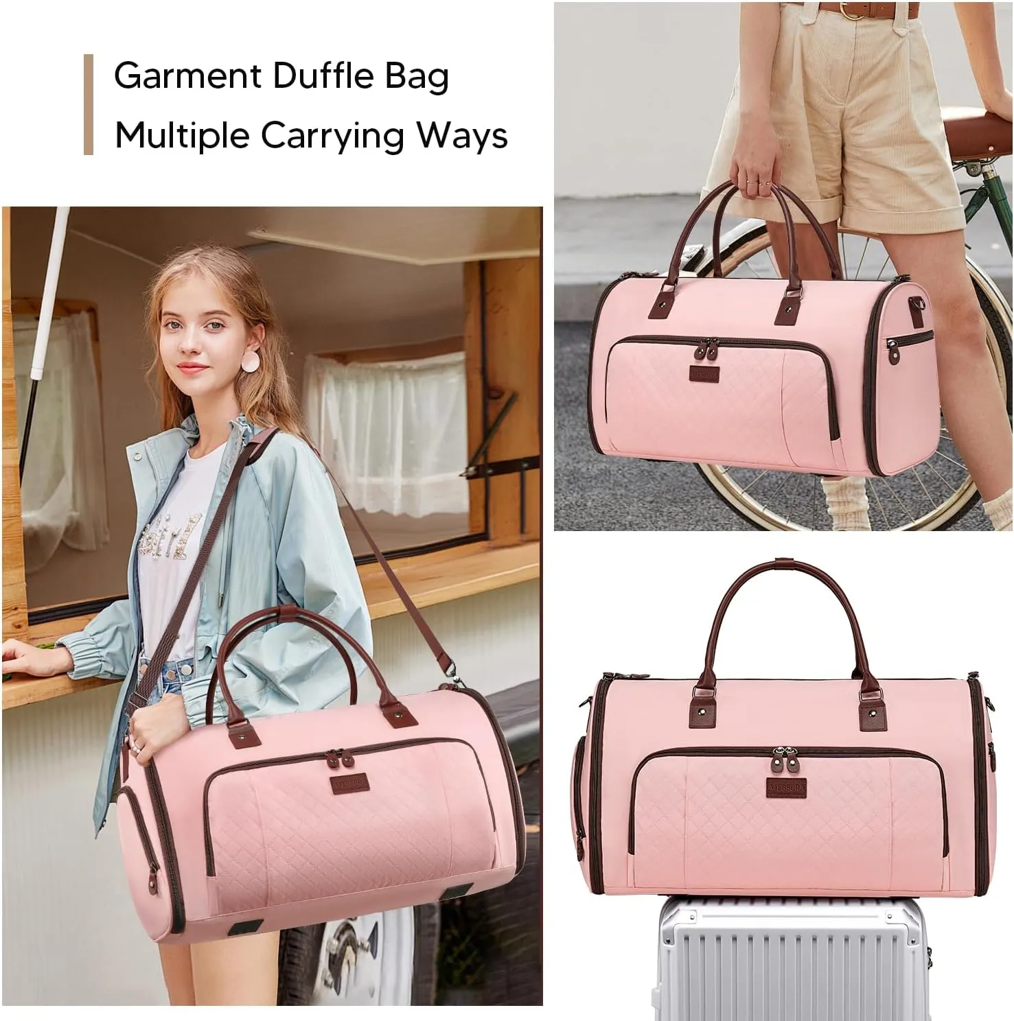 Convertible Garment Bags for Travel, Carry On Garment Duffle Bags for Women, Garment Bag with Shoes Compartment, 2 in 1 Travel Suit Bag with Detachable Shoulder Strap-Pink