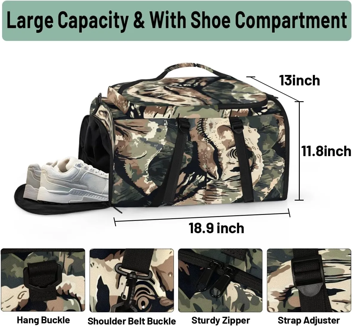 Cool Camo Dinosaur Travel Backpack Carry On Flight Approved for Men Women, Lightweight Large Luggage Weekender Casual Daypack Backpacks for Traveling Airplane