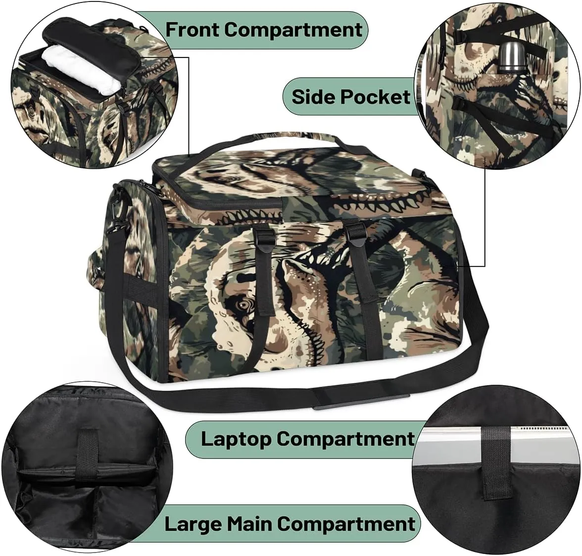 Cool Camo Dinosaur Travel Backpack Carry On Flight Approved for Men Women, Lightweight Large Luggage Weekender Casual Daypack Backpacks for Traveling Airplane