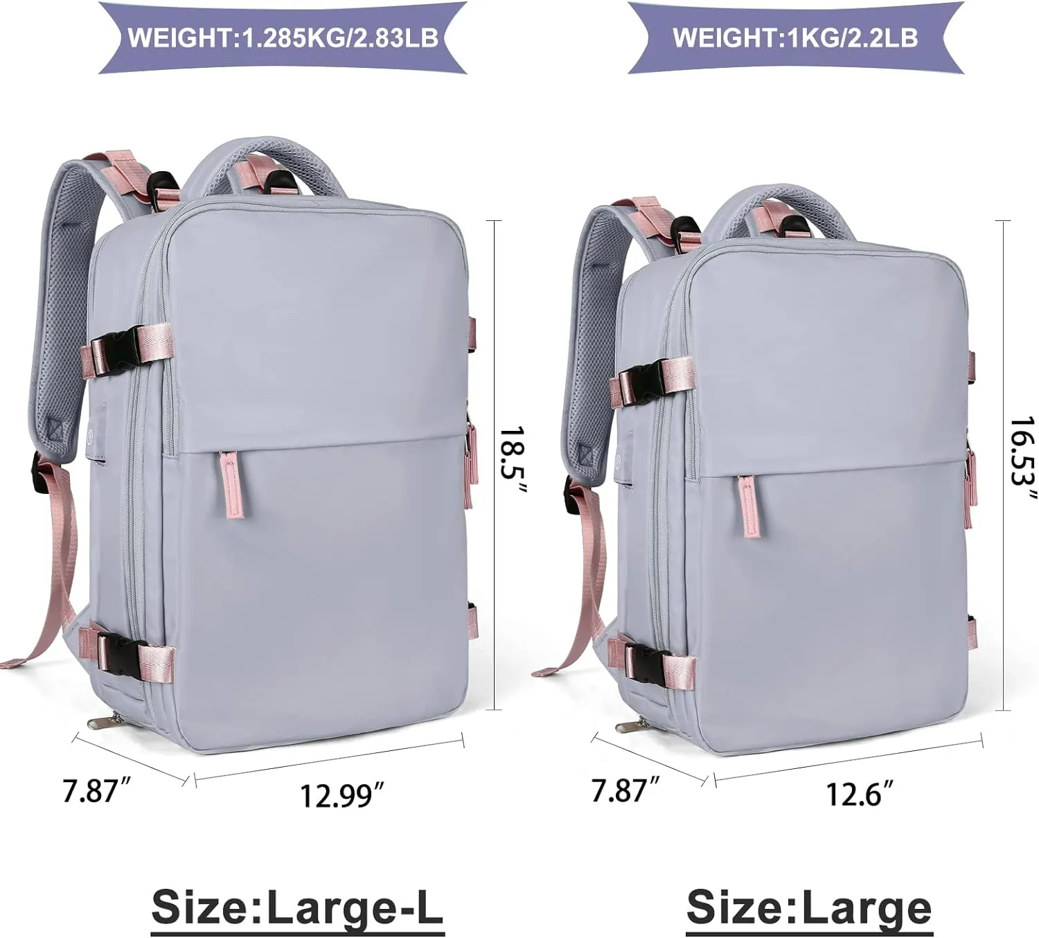 coowoz Large Travel Backpack For Women Men,Carry On Backpack Flight Approved,Hiking Backpack Waterproof Outdoor Sports Rucksack Casual Daypack Fit 15.6 Inch Laptop Shoes Compartment (Light Purple)
