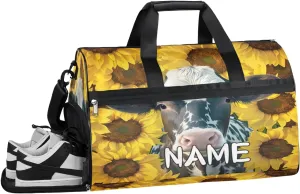 Cow Spots Sunflower Sports Gym Bag with Wet Pocket & Shoes Compartment Travel Duffel Bag for Women Men Custom Sports Gym Bag Personalized Overnight Stay Weekend Tote Beach Luggage