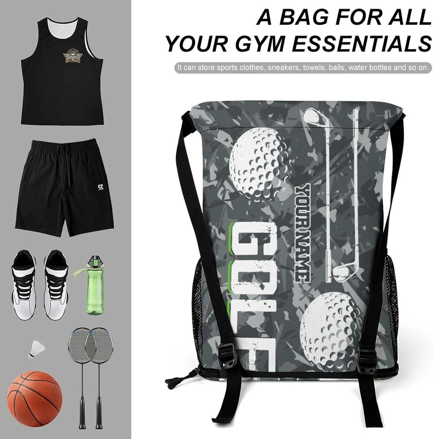 Custom Golf Drawstring Backpack - Cute Cinch Sack, String Backpacks with Pocket for Kids Women Men Boys Girls for Gym Outdoor Sports Travel Athletic Drawstring Bag - Lightweight/Foldable