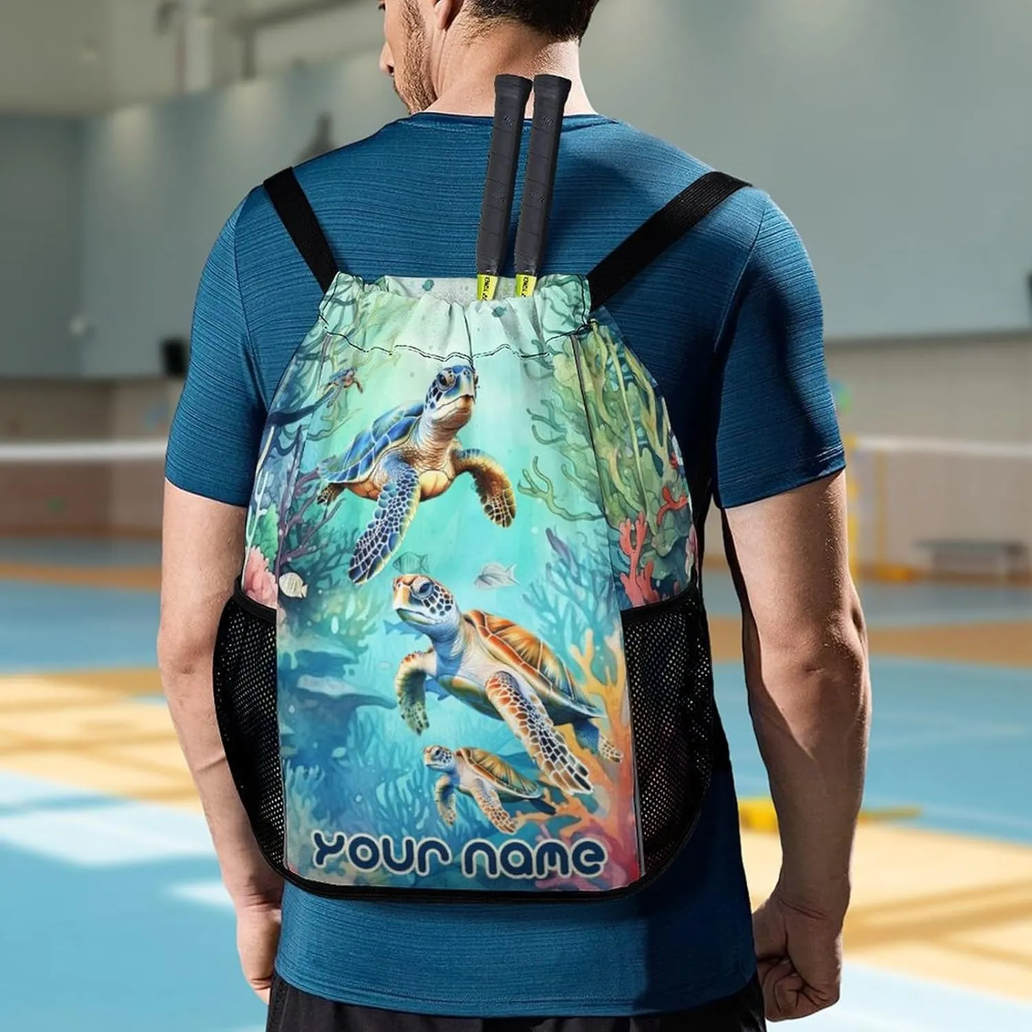 Custom Sea Turtle Drawstring Backpack - Cute Cinch Sack, String Backpacks with Pocket for Kids Boys Girls Women Men for Gym Outdoor Sports Travel Athletic Drawstring Bag - Lightweight/Foldable
