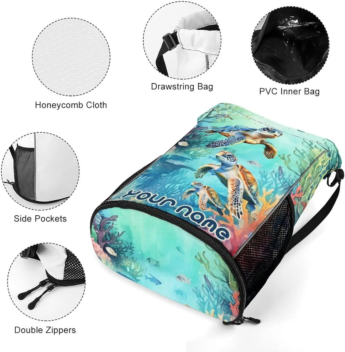 Custom Sea Turtle Drawstring Backpack - Cute Cinch Sack, String Backpacks with Pocket for Kids Boys Girls Women Men for Gym Outdoor Sports Travel Athletic Drawstring Bag - Lightweight/Foldable