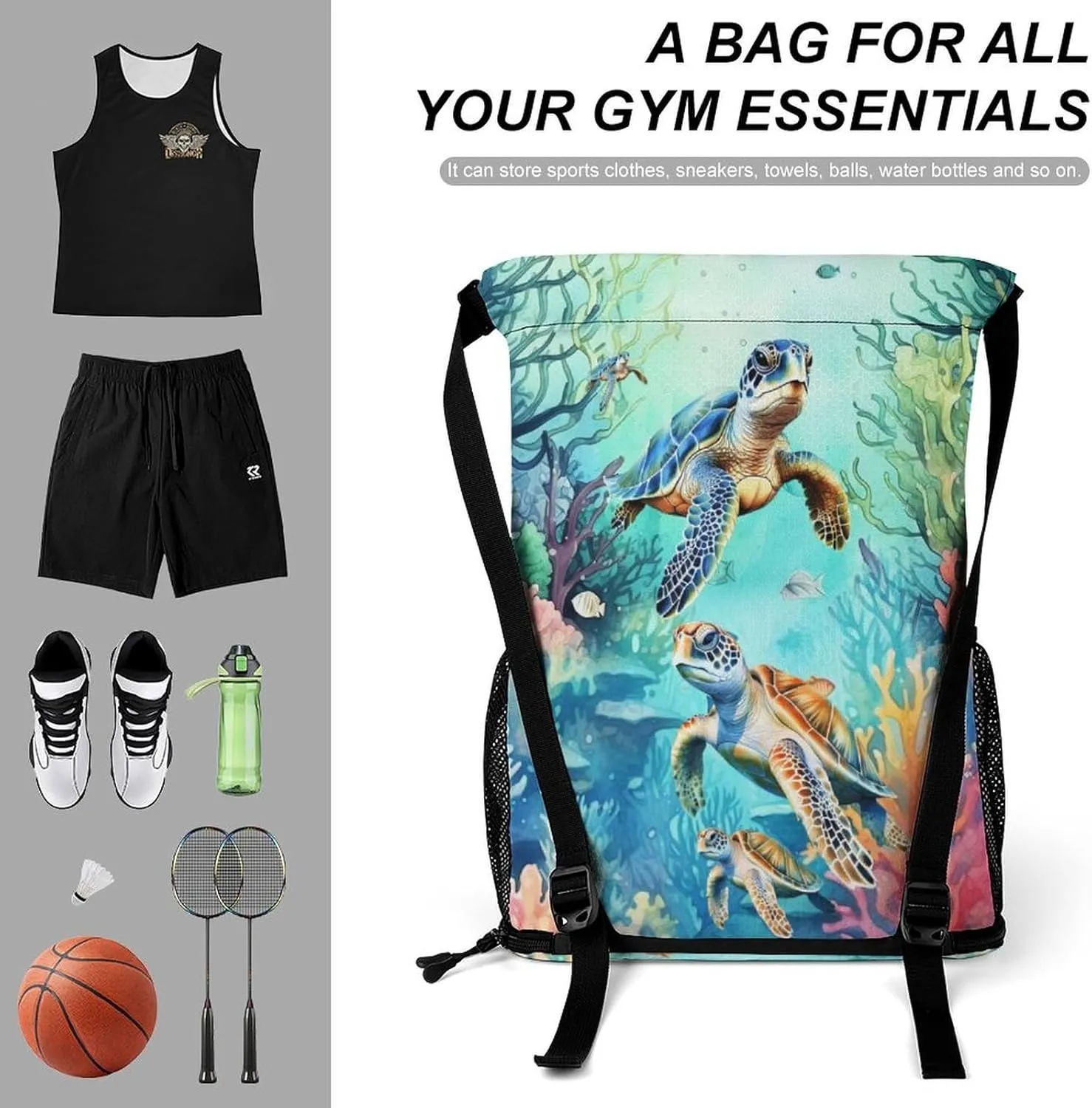 Custom Sea Turtle Drawstring Backpack - Cute Cinch Sack, String Backpacks with Pocket for Kids Boys Girls Women Men for Gym Outdoor Sports Travel Athletic Drawstring Bag - Lightweight/Foldable