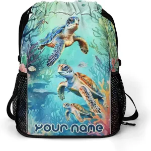 Custom Sea Turtle Drawstring Backpack - Cute Cinch Sack, String Backpacks with Pocket for Kids Boys Girls Women Men for Gym Outdoor Sports Travel Athletic Drawstring Bag - Lightweight/Foldable