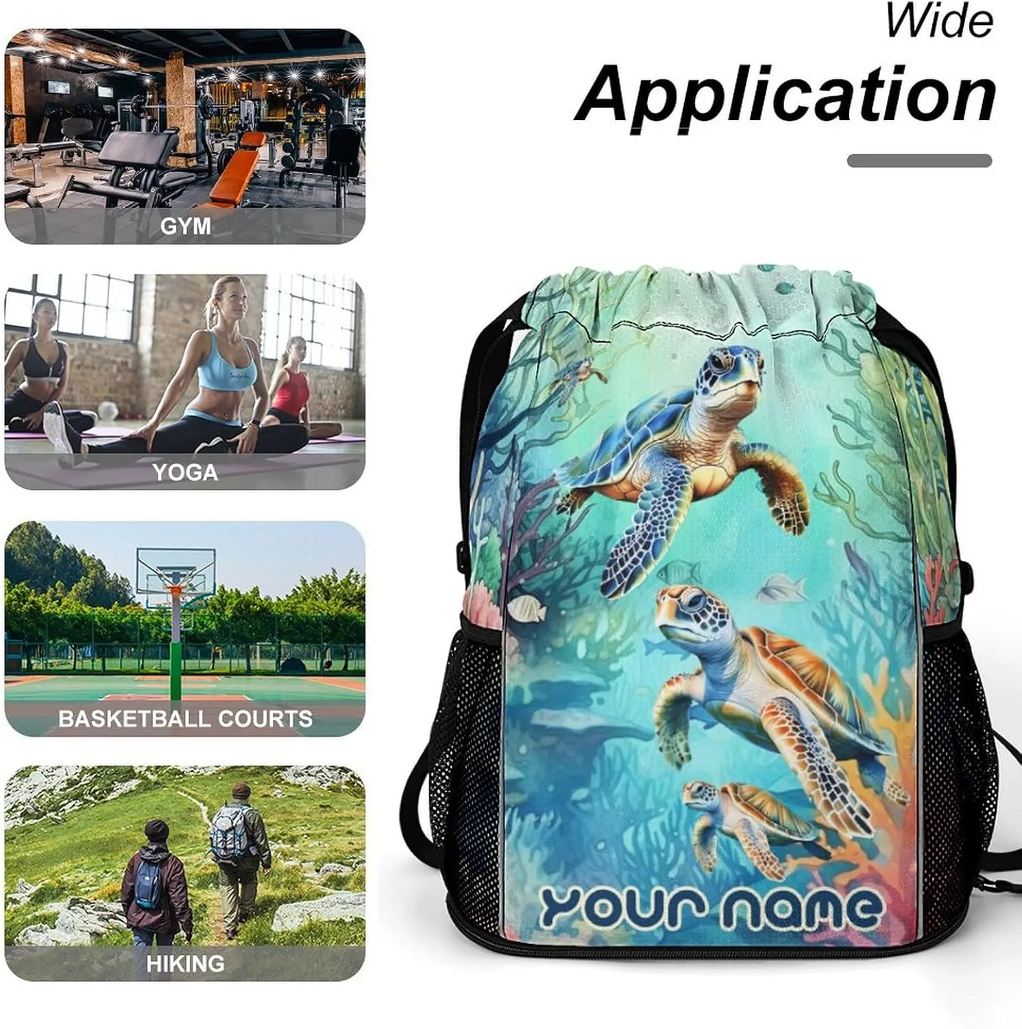 Custom Sea Turtle Drawstring Backpack - Cute Cinch Sack, String Backpacks with Pocket for Kids Boys Girls Women Men for Gym Outdoor Sports Travel Athletic Drawstring Bag - Lightweight/Foldable