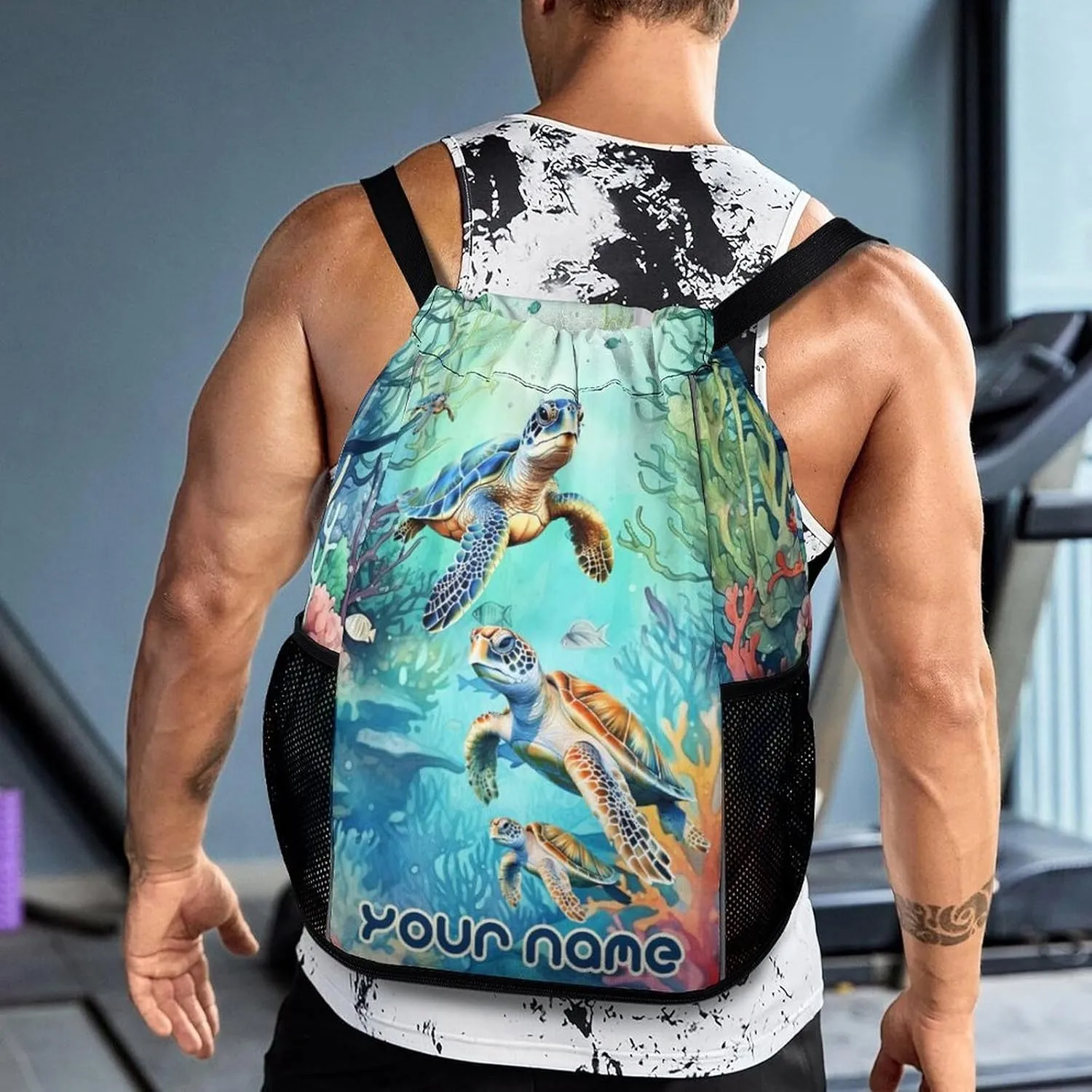 Custom Sea Turtle Drawstring Backpack - Cute Cinch Sack, String Backpacks with Pocket for Kids Boys Girls Women Men for Gym Outdoor Sports Travel Athletic Drawstring Bag - Lightweight/Foldable