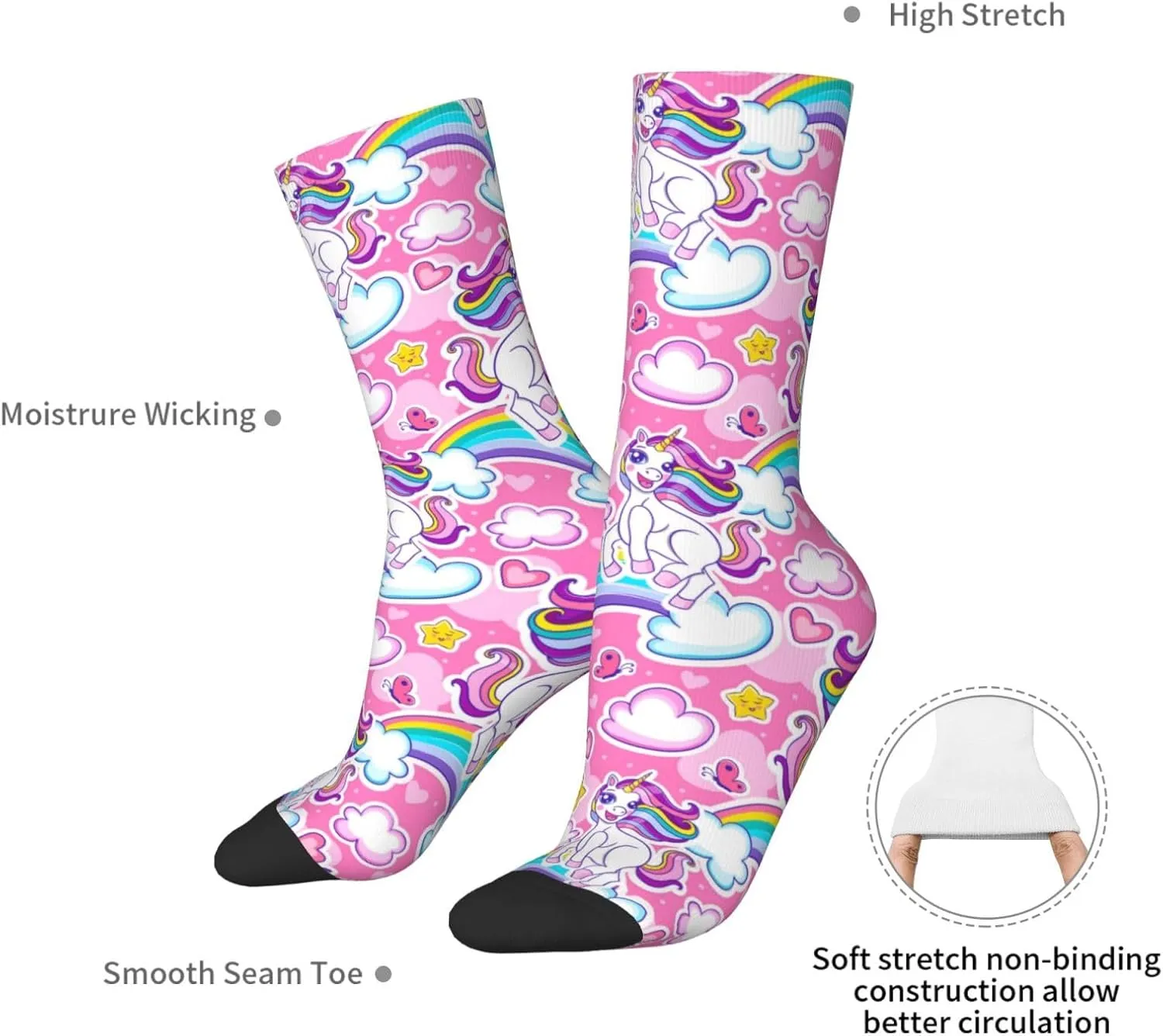 Cute Cheerful Unicorns Rainbow Crew Socks Unisex Mid Calf Hiking Running Athletic Socks Colorful Print Socks