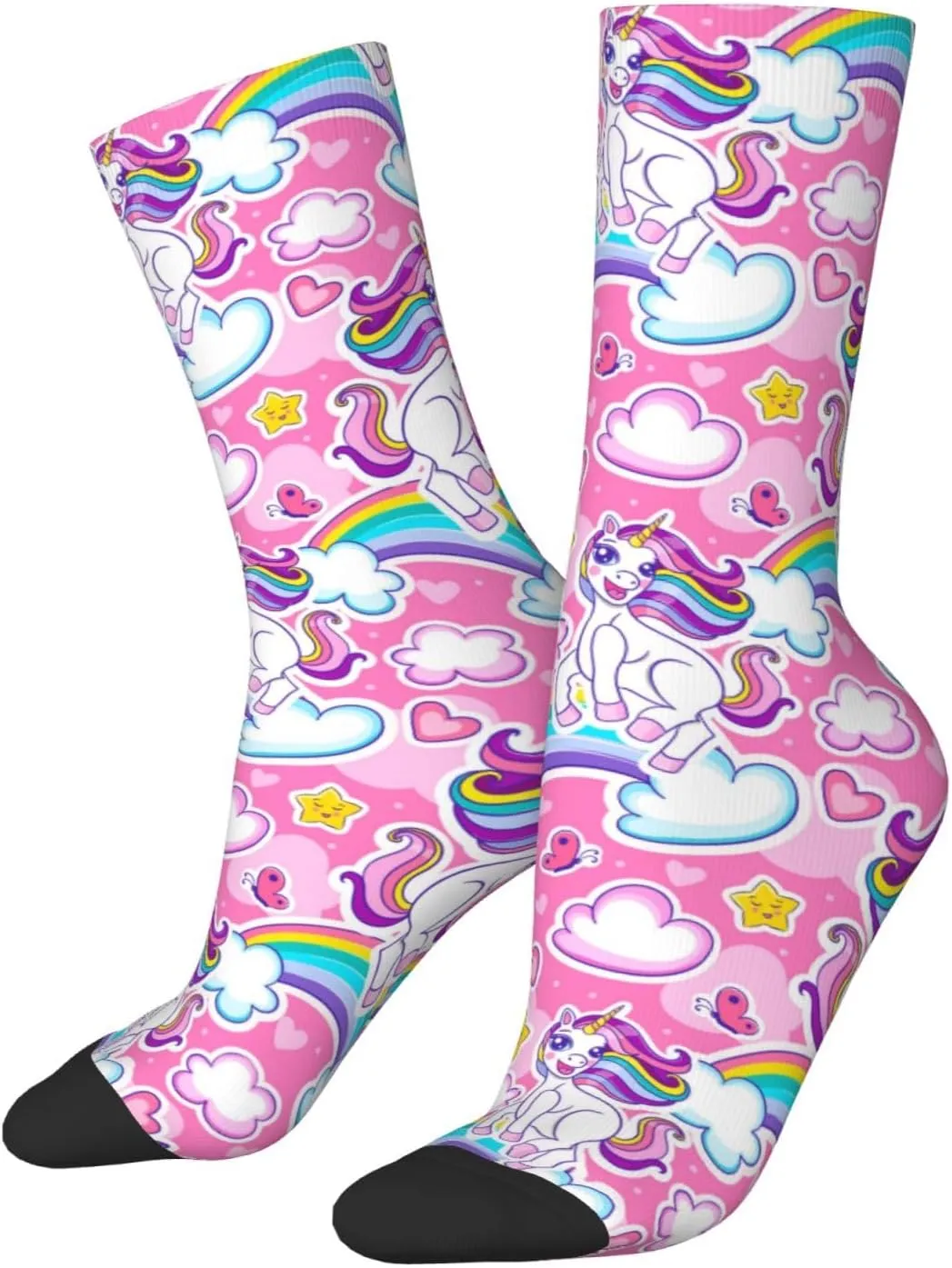 Cute Cheerful Unicorns Rainbow Crew Socks Unisex Mid Calf Hiking Running Athletic Socks Colorful Print Socks