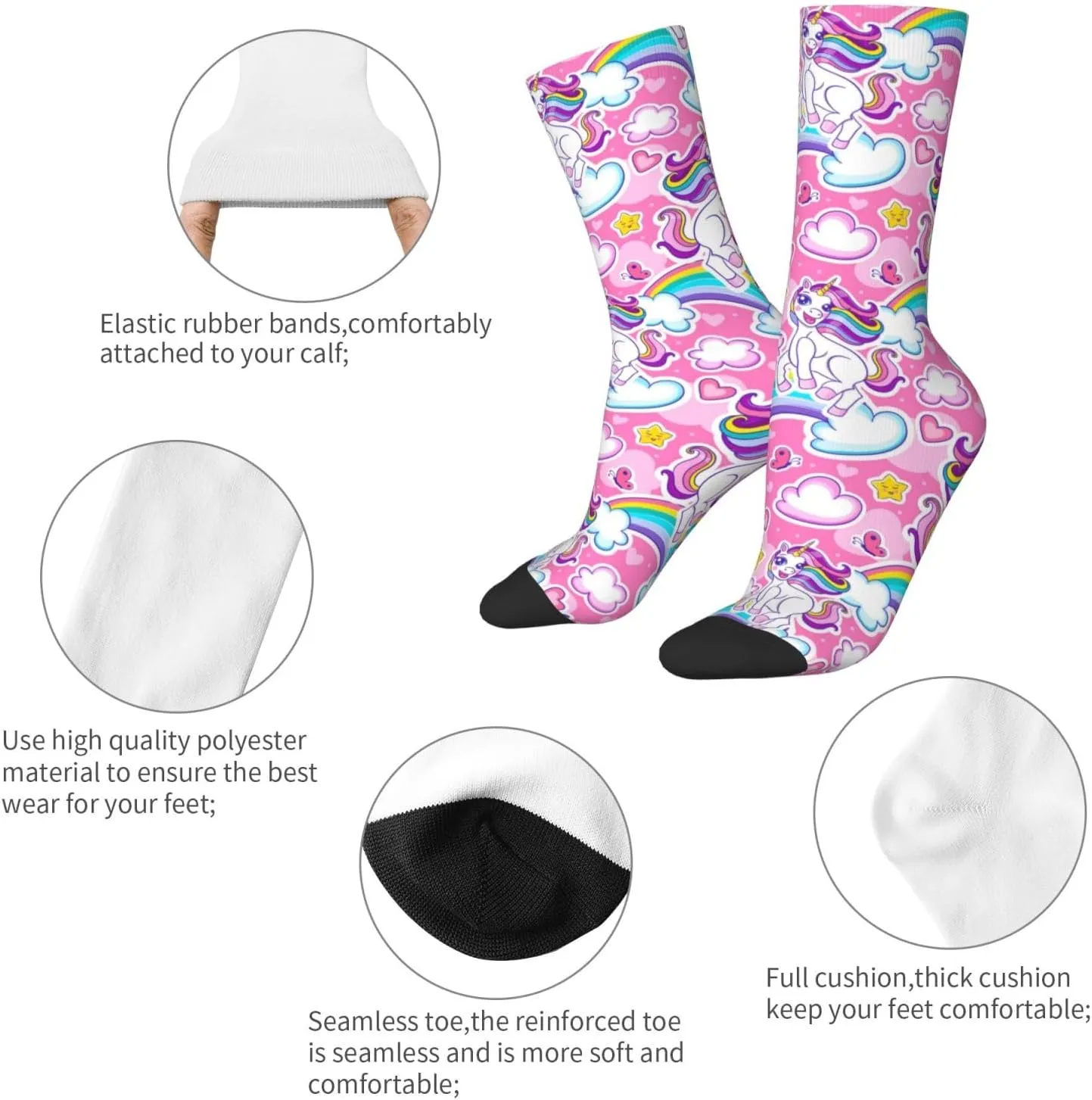 Cute Cheerful Unicorns Rainbow Crew Socks Unisex Mid Calf Hiking Running Athletic Socks Colorful Print Socks