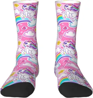 Cute Cheerful Unicorns Rainbow Crew Socks Unisex Mid Calf Hiking Running Athletic Socks Colorful Print Socks
