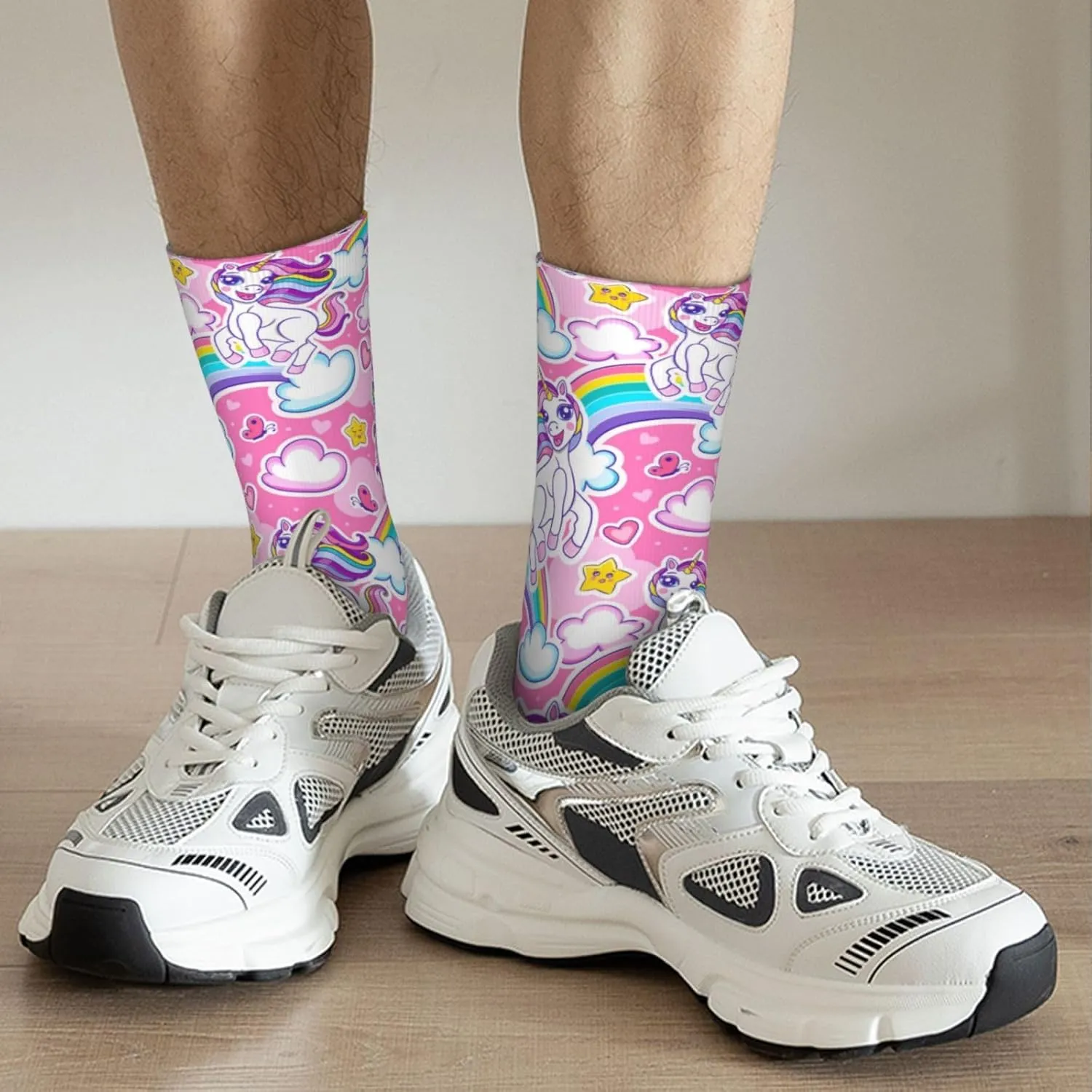 Cute Cheerful Unicorns Rainbow Crew Socks Unisex Mid Calf Hiking Running Athletic Socks Colorful Print Socks