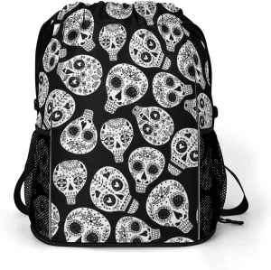 Cute Drawstring Bags Compatible with Floral Sugar Skull Black And White Gym Bag for Men Women Outdoor Swimming Cycling String Backpack with Zipper Pockets and Waterproof Compartment