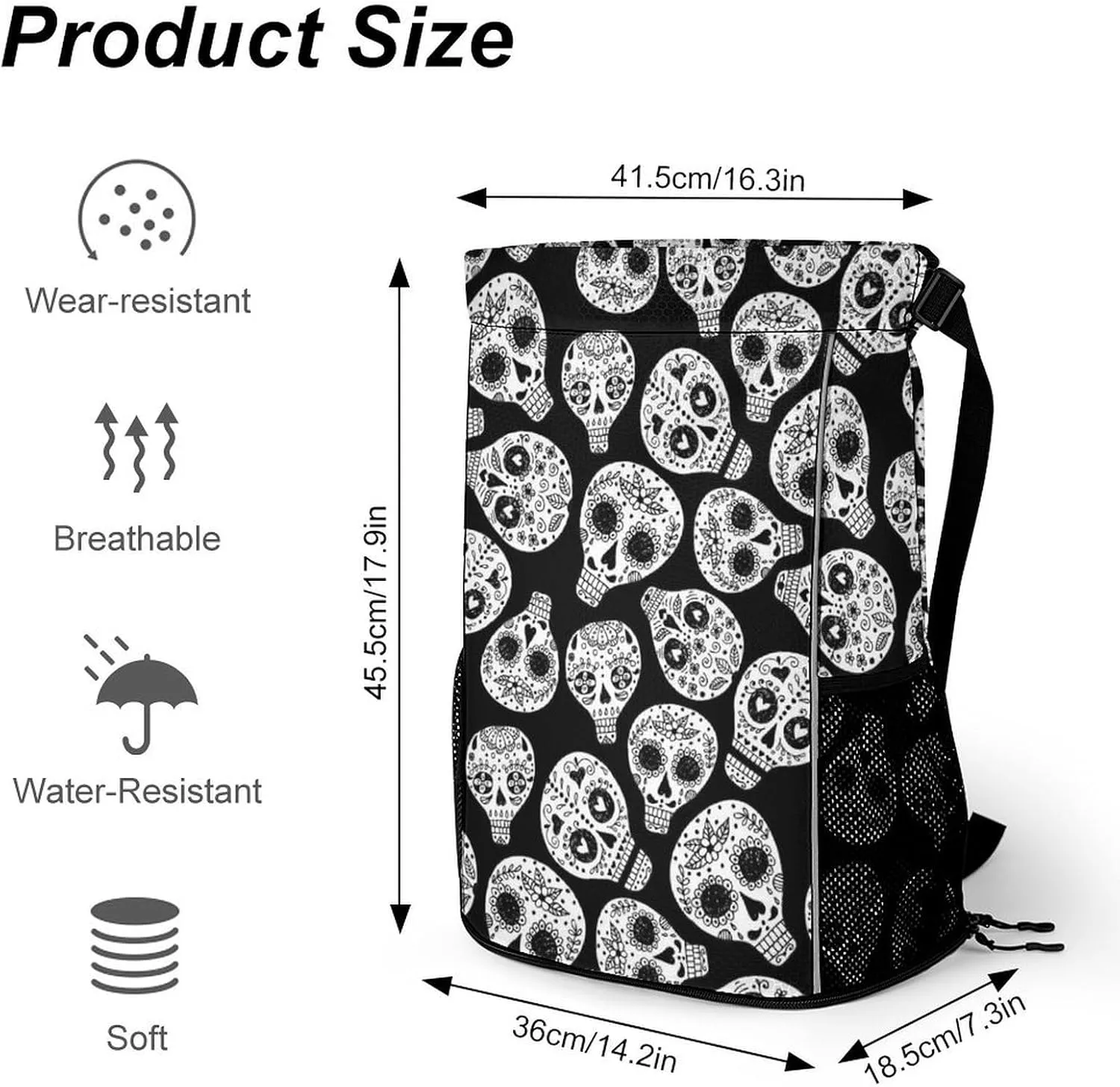 Cute Drawstring Bags Compatible with Floral Sugar Skull Black And White Gym Bag for Men Women Outdoor Swimming Cycling String Backpack with Zipper Pockets and Waterproof Compartment