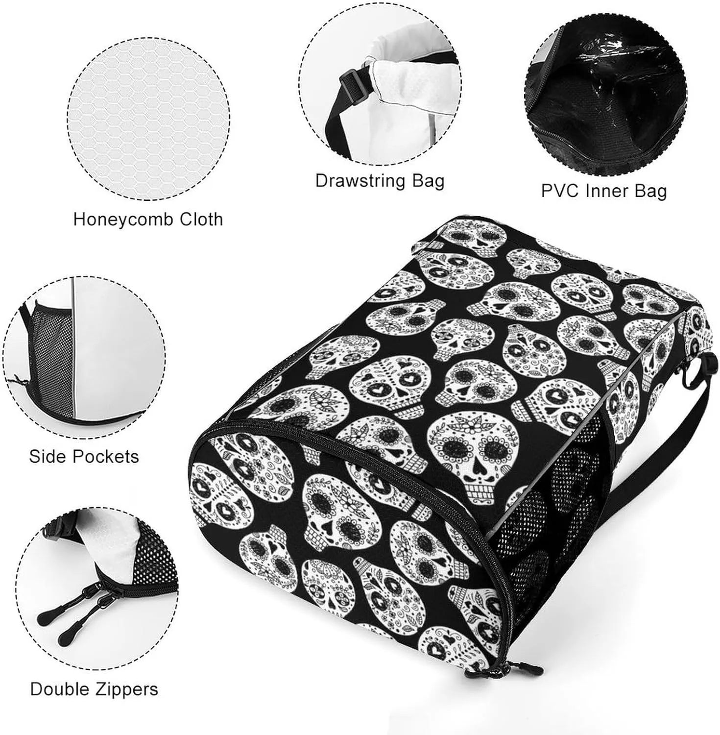 Cute Drawstring Bags Compatible with Floral Sugar Skull Black And White Gym Bag for Men Women Outdoor Swimming Cycling String Backpack with Zipper Pockets and Waterproof Compartment
