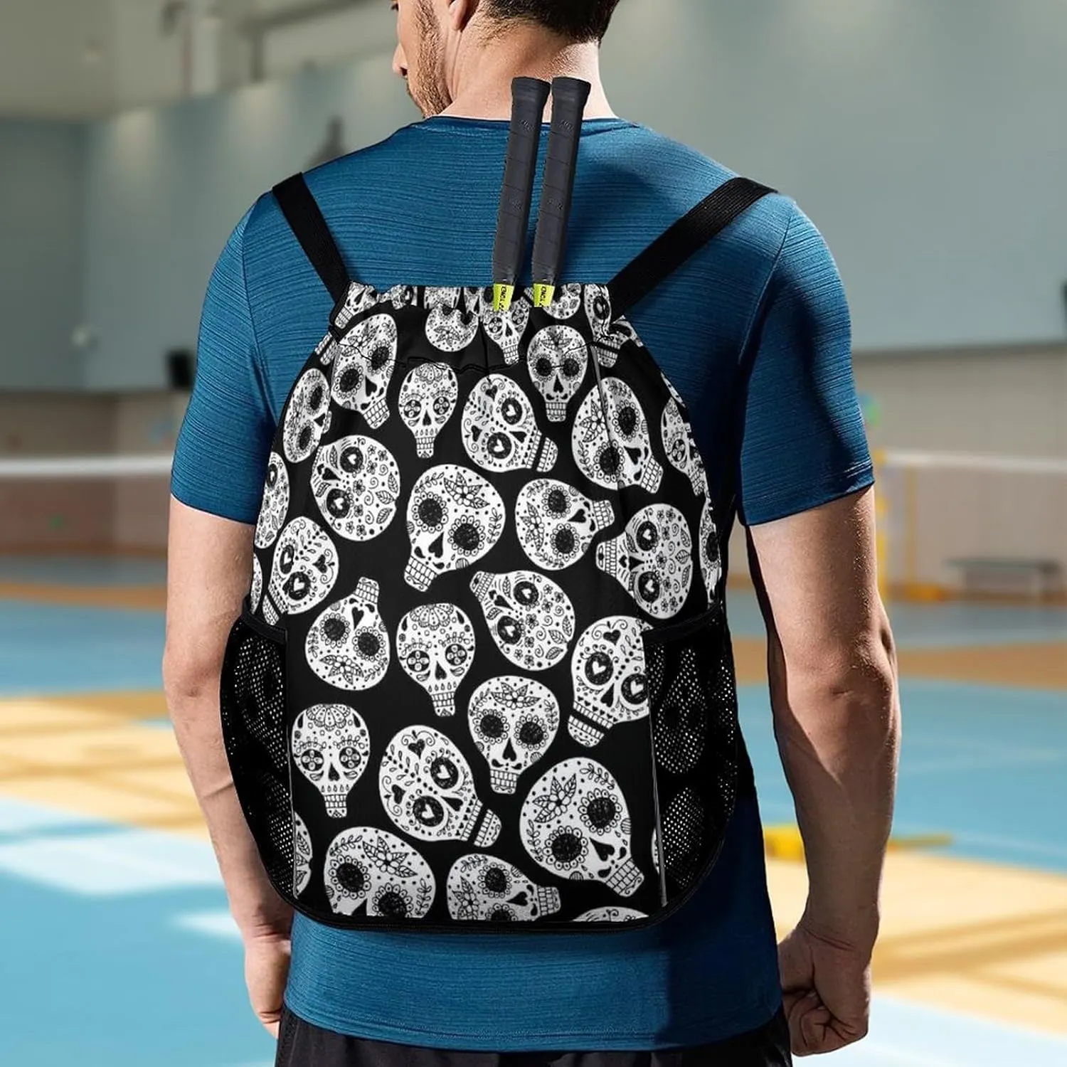 Cute Drawstring Bags Compatible with Floral Sugar Skull Black And White Gym Bag for Men Women Outdoor Swimming Cycling String Backpack with Zipper Pockets and Waterproof Compartment