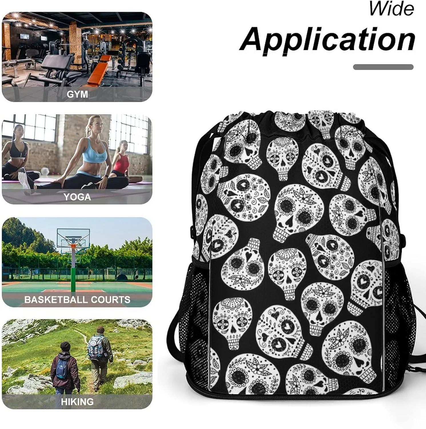 Cute Drawstring Bags Compatible with Floral Sugar Skull Black And White Gym Bag for Men Women Outdoor Swimming Cycling String Backpack with Zipper Pockets and Waterproof Compartment